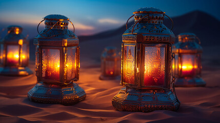 Desert Nights Aglow - Realistic Illustration of Ramadan Lanterns. Generative AI.