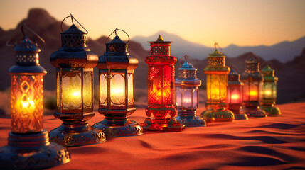 Fototapeta premium A Gleaming Oasis - Illustration of Ramadan Lanterns in the Desert. Generative AI.