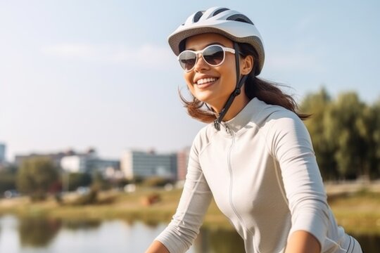 Portrait of a happy smiling woman dressed in cycling clothes, Active sporty people concept image. AI generated