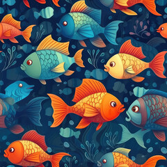 Obraz premium Exotic fishes seamless repeat pattern - fantasy colorful cubism, abstract art, trippy psychedelic [Generative AI] 