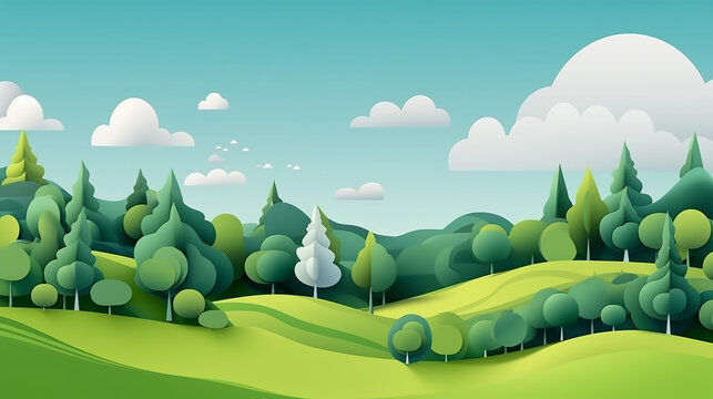 Paper summer landscape. Panoramic green field with trees and blue sky with white clouds. Layered papercut ecology 3d concept. Generative AI