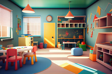 Playroom in kindergarten. In the foreground sits a doll in a pink stroller. Generative Ai