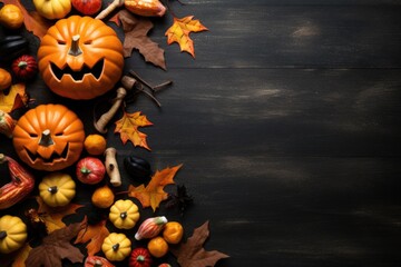 Halloween flat lay composition with pumpkins, bony hands, spiders, bats on purple background. AI generated