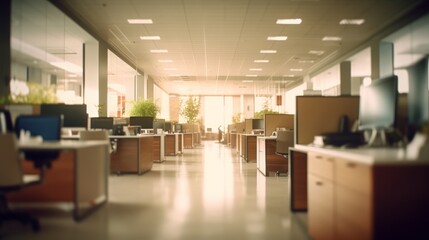 Blurred office room interior with defocused effect, blurred workspace, business concept. Generative AI