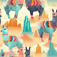 Cute Llamas seamless repeat pattern - fantasy colorful cubism, abstract art, trippy psychedelic [Generative AI]
