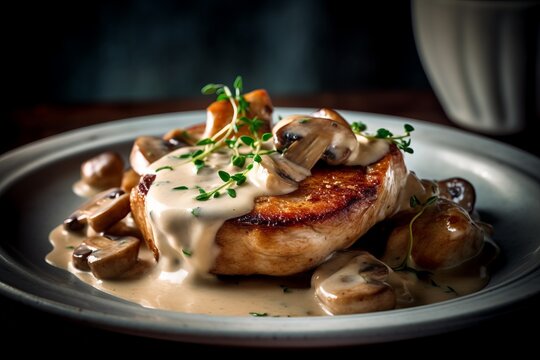  juicy pork chops, drenched in a luscious creamy mushroom sauce, elegantly presented on a pristine, white plate in a cozy. Generative ai