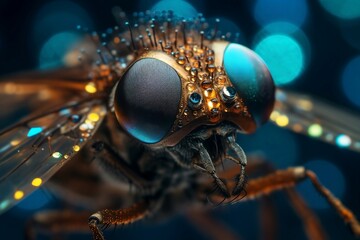 the fly's eye is in red and blue, in the style of textured surface layers, aurorapunk, black background, light brown and white, hyperrealistic fauna, aerial photography