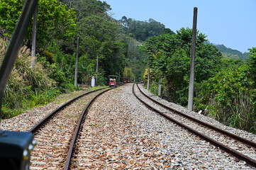 Miaoli, Taiwan - APR 12, 2021: Old Former Mountain Line Rail Bike Station in Sanyi, Miaoli, Taiwan.