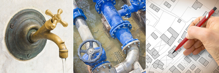 Drinking water concept with faucet - Construction site with new hydraulic system - City map