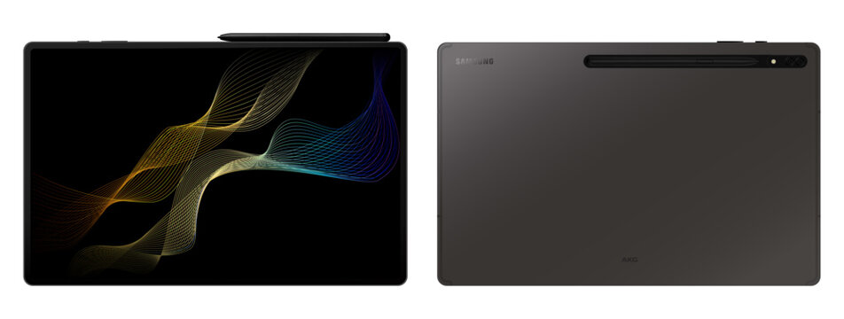 Tablet PC Samsung Tab S8 Ultra in dark gray color, on transparent background, vector illustration. The Samsung Galaxy Tab S8 is a series of Android-based tablets developed and marketed by Samsung 