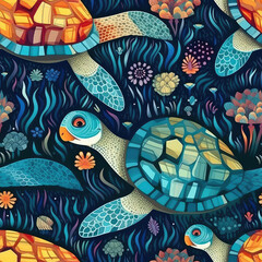 Fototapeta na wymiar Sea turtles seamless repeat pattern - colorful cubism, abstract art, trippy psychedelic [Generative AI] 