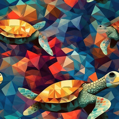 Sea turtles seamless repeat pattern - colorful cubism, abstract art, trippy psychedelic [Generative AI]
