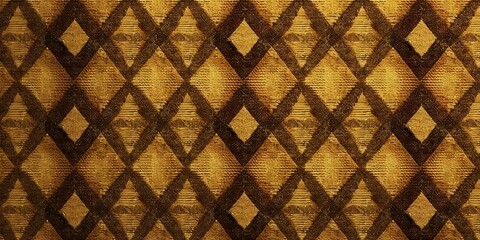 Seamless gold foil geometric diamonds mosaic motif background texture. Modern luxury wall or floor tiles abstract gilded age wallpaper. Golden Christmas wrapping paper repeat pattern. 3D rendering