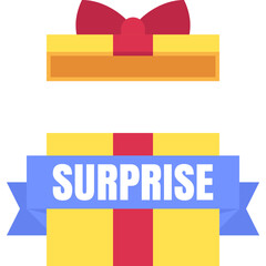 Colorful blank gift box with surprise text in flat design for using as banner