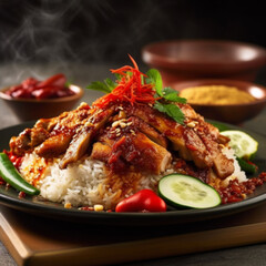 Fototapeta premium Chicken rice with chicken and chili on top