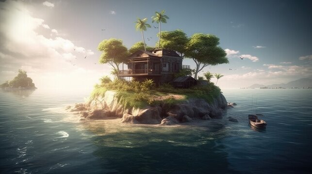 Isolated Lonely House On Island In Sea, Little Privately Owned Island In Ocean With Hermit House, Dreamlike Social Isolation On Little Island Concept, Generative AI