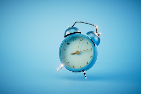 blue alarm clock isolated on blue background. 3d render
