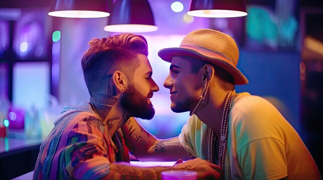 Happy Kissing Gays Couple In Neon Lighting Cafe, Attractive Young Men Lovers With Colorful Haircut And Tattooed Face, LGBT Openly Gays Dating In Public Cafe, Same Gender Relationships, Generative AI