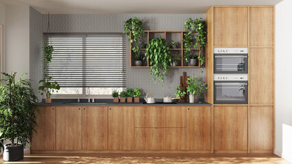 Modern wooden kitchen in white and gray tones with cabinets and appliances. Window with venetian blinds. Biophilic concept, many houseplants. Urban jungle interior design