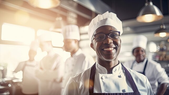 Smiling black chef cook in restaurant kitchen cook new dishes for restaurant customers, happy chef loves his job with team of cooks on background, professional chef in kitchen, generative AI