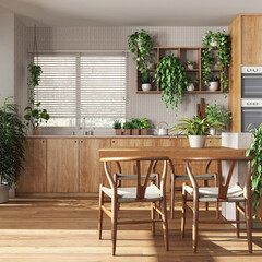 Modern wooden kitchen in white and beige tones with island, chairs, window and appliances. Biophilic concept, many houseplants. Urban jungle interior design