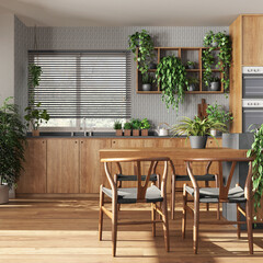 Modern wooden kitchen in white and gray tones with island, chairs, window and appliances. Biophilic concept, many houseplants. Urban jungle interior design