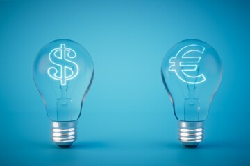 Ideas for good earnings. light bulbs inside of which are euro and dollar icons on a blue background. 3D render