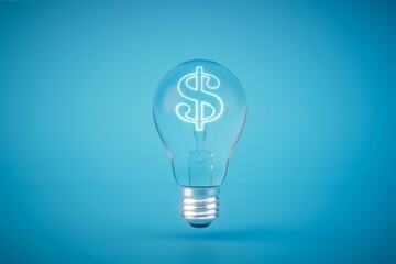 Generating ideas for earnings. A light bulb inside which is a dollar icon on a blue background. 3D render