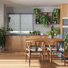 Modern wooden kitchen in white and blue tones with island, chairs, window and appliances. Biophilic concept, many houseplants. Urban jungle interior design