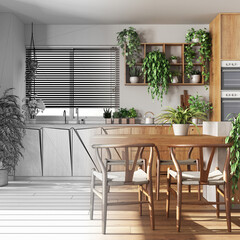 Architect interior designer concept: hand-drawn draft unfinished project that becomes real, modern wooden kitchen. Biophilic concept, many houseplants. Urban jungle interior design