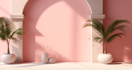 pink wall with arched arch and two palm trees. Generative Ai