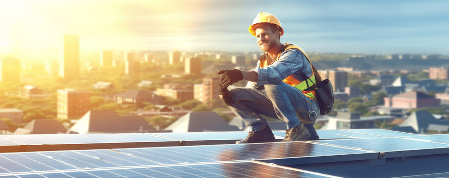 alternative energy sources. man in a hard hat is standing on top of a solar panel. Generative Ai