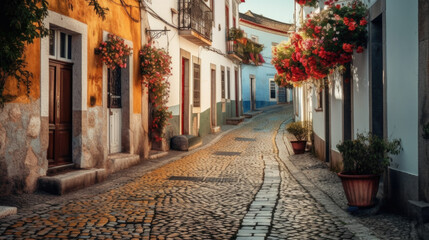 Fototapeta na wymiar beautiful colorful flowers street in Portugal. Generative AI