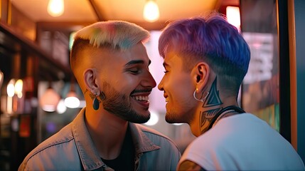 Happy kissing gays couple in cafe, attractive young men lovers with multicolored haircut and tattooed face, LGBT openly gays dating in public cafe, sensitive same gender relationships, generative AI