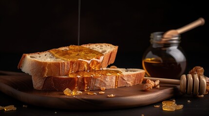 A slice of bread with honey dripping down the top, generative ai