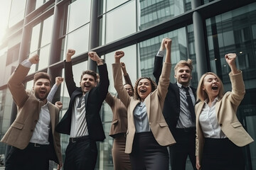 Fototapeta premium Group of excited business people with raised hands celebrate business success, created with Generative AI