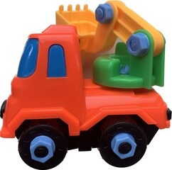 orange kid toy plastic truck with instruction equipment isolated on white background
