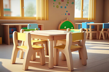 Empty wooden table in baby room interior. Generative Ai