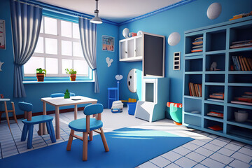 The interior of cozy blue room for classes and games in kindergarten. Generative Ai