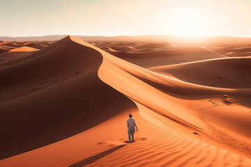 A person walking on the desert. AI technology generated image