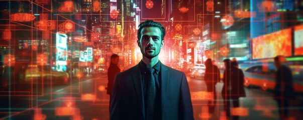 Face Recognition and Personal Identification Technologies in Street Surveillance Cameras. man in a black suit standing in front of a city. Generative Ai