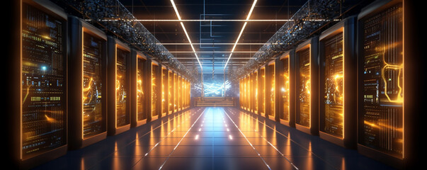 filmed in a working data center filled with servers and supercomputers. data center with rows of servers and lights. Generative Ai