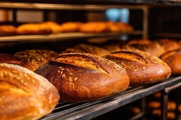 Freshly baked bread on bakery shelf, close up. Generative AI