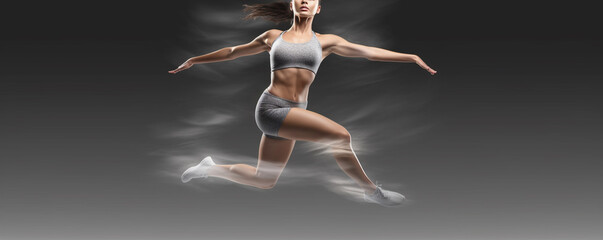 Naklejka premium woman doing fitness. woman jumping in the air with a gray background. Generative Ai