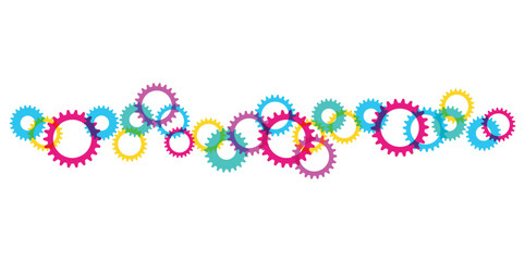 grafica ruote dentate, ingranaggi, colorate  su sfondo bianco