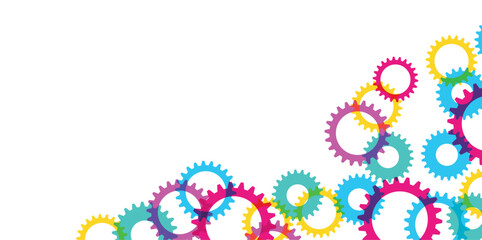 grafica ruote dentate, ingranaggi, colorate  su sfondo bianco