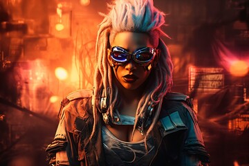 Obraz premium a female cyborg character portrait with sunglasses and a city on fire in the background, fictional person created with generative ai