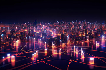 Naklejka premium Smart city and abstract line and dot connect with gradient line design. AI technology generated image