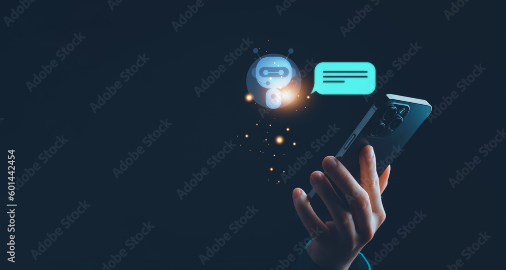 Poster hand holding phone icon bot.ai. artificial intelligence.intelligence cyberspace. technology artifici