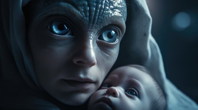 Extraterrestrial reptilian alien mother with big blue eyes and her newborn baby portrait, careful and cautious expression, fear of the unknown, endearing precious moment of loving care - generative ai